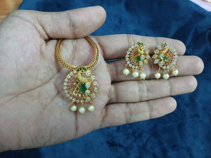 Khan's Collections Matte  Necklace Set With AD Stone and Pearls in Peacock design